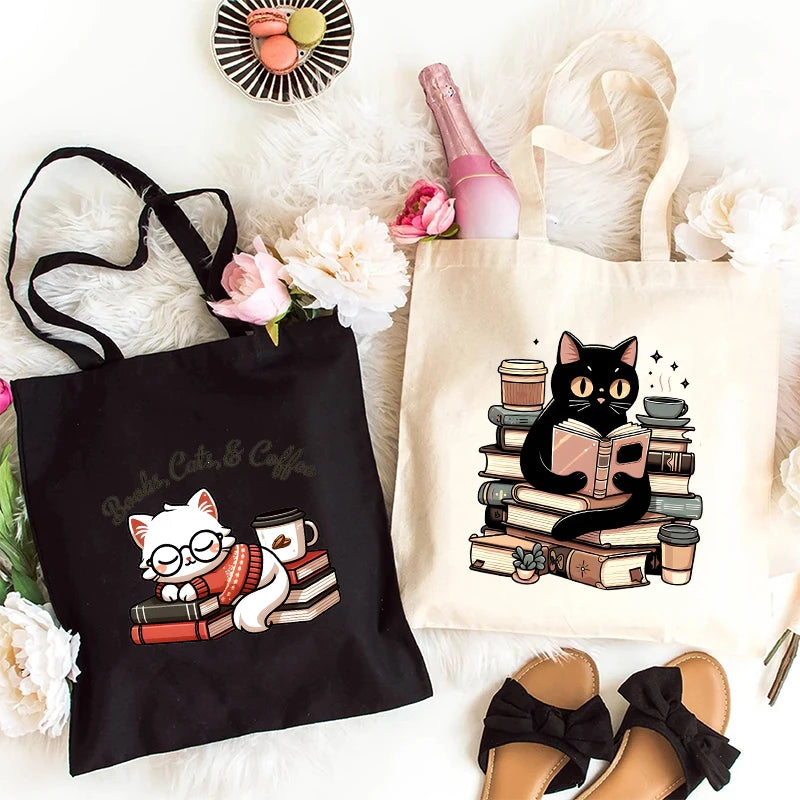 Cat and Book Lover Print Shopping Bag Tote Handbag