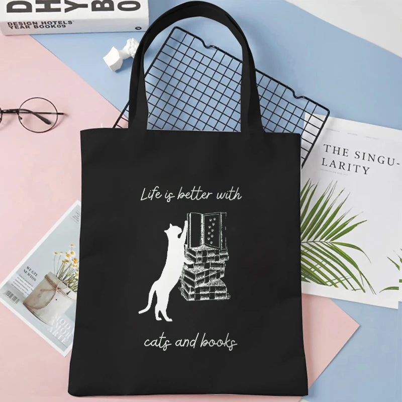 Cat and Book Lover Print Shopping Bag Tote Handbag