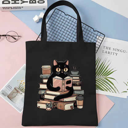 Cat and Book Lover Print Shopping Bag Tote Handbag