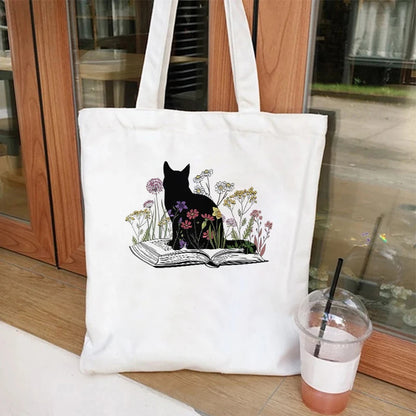 Cat and Book Lover Print Shopping Bag Tote Handbag