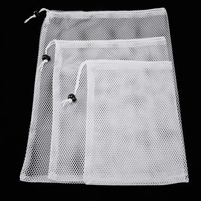 Durable White/Black Nylon Mesh Drawstring Storage Pouch Bag