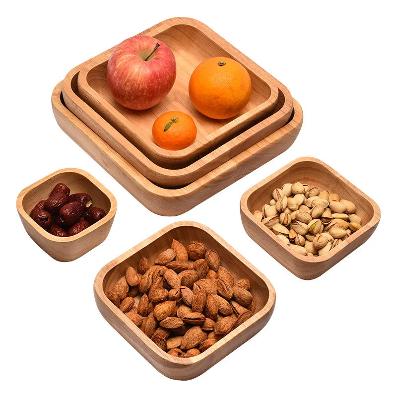 HEMU Square Wooden Fruit Salad Bowl Plate Dried Fruit Cake Snack Plates