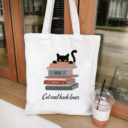 Cat and Book Lover Print Shopping Bag Tote Handbag